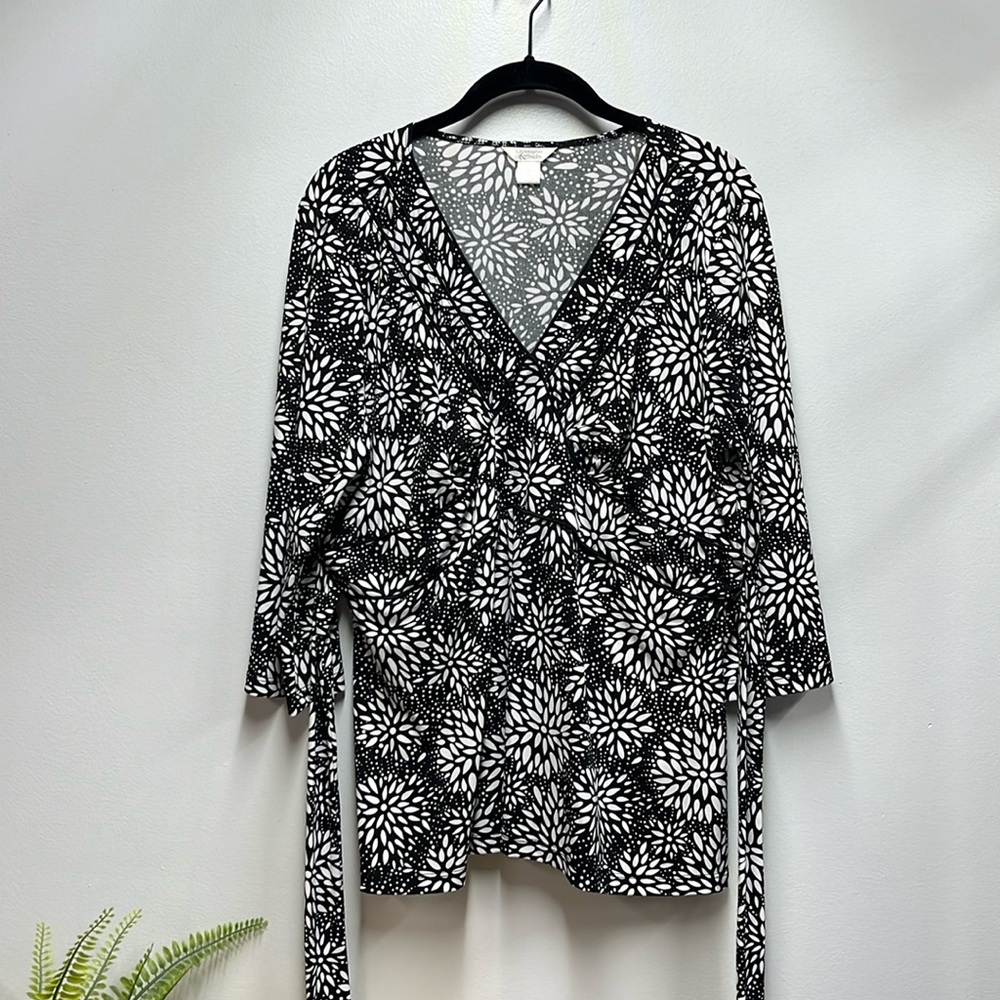 Christopher & Banks Black White Floral 3/4 Sleeve Blouse Top Tied Waist Sz XL